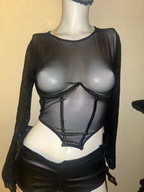 Sheer Long-Sleeve Mesh Black Top